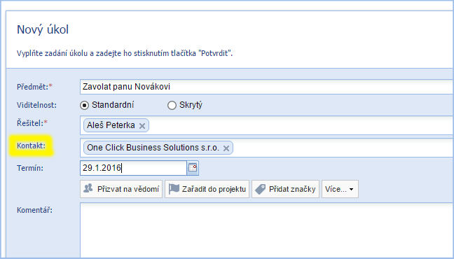 Provázání kontaktů a ostatních agend